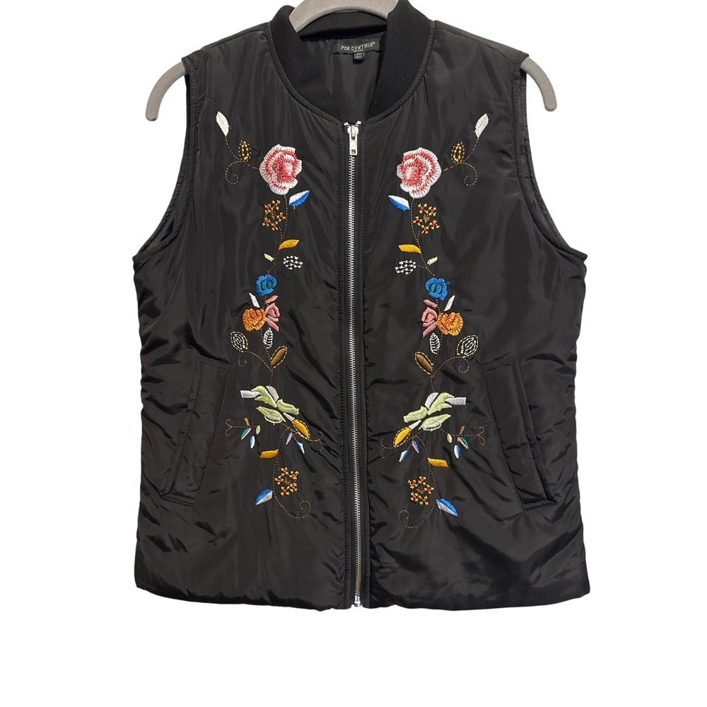 For Cynthia Vest‎ Women's M Black Floral Embroidered Bomber Cottagecore Boho